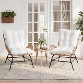 Conjunto de 2 cadeiras jardim de rattan para exterior com almofada grossa removível, encosto alto e braços de metal para terraço, com capacidade de 17