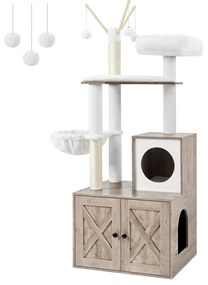 Arranhador para gatos Feandrea Greige PCT113G01 com armário para caixa de areia, árvore para gatos 2 em 1 com postes de sisal, bolas de pelúcia removíveis, Greige PCT113G01