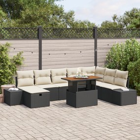 Conjunto de Sofás de Jardim de 9 Peças com Almofadas Preto Vime Poliés