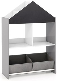 Estante em forma de casa para crianças Organizador de brinquedos em madeira com quadro branco 4 compartimentos 2 gavetas Cinzenta