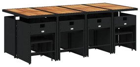 9 pcs conjunto de jantar p/ jardim c/ almofadões vime PE preto