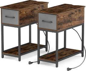 Conjunto de 2 mesas cabeçeira estreitas com estação de carregamento  60 x 29 x 62 cm, luzes, USB, gaveta e estante industrial Castanho rústico e cinze