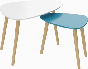 HOMCOM Conjunto de 2 mesas de centro ninho design escandinavo pés em madeira e tampo em madeira, branco e azul | Aosom Portugal