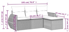 4 pcs conjunto de sofás para jardim c/ almofadões vime PE bege