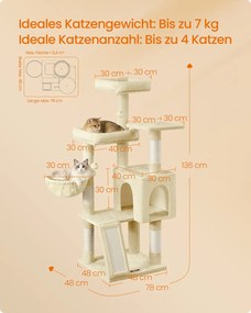 Arranhador para gatos 48 x 48 x 136 cm com 3 plataformas, cor bege