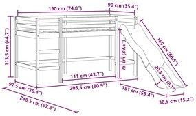 Cama alta p/ criança c/ escorrega 90x190 cm pinho maciço branco