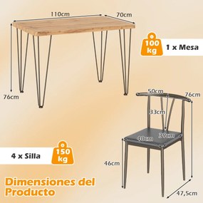 Conjunto de mesa de jantar de 5 peças Mesa retangular industrial com 4 cadeiras e Estrutura metálica Carvalho Rústico + Preto