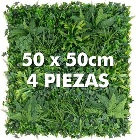 Conjunto 4 peças de painéis de sebes artificial 50 x 50 cm com várias folhas Painel de parede de relva de proteção solar para interior e exterior Verd