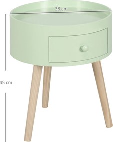 Mesa de cabeceira redonda, mesa apoio design escandinavo 38 x 38 x 45 cm, com gaveta, pés afilados e inclinados verde