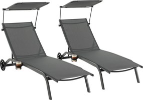 Conjunto de 2 Espreguiçadeiras Reclináveis, 191 x 61 x 96 cm, Toldo Ajustável, Cinzento
