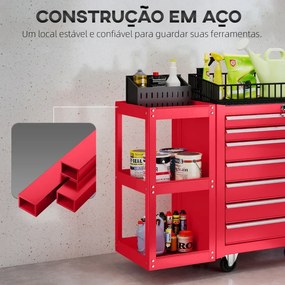 Carrinho de Ferramentas 96x33,5x75 cm com 7 Gavetas Estante de 3 Níveis Removível Sistema de Fecho Central Asa 2 Rodas com Travão Vermelho