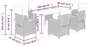 7 pcs conj. jantar p/ jardim c/ almofadões vime PE cinza-claro