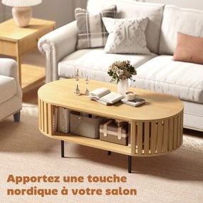 Mesa de centro oval  100 x 50 x 40 cm, mesa de sala com espaço de arrumação, cantos arredondados, design em ripas efeito de madeira natural