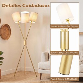 Candeeiro de Pé com Tripé, 58,5 x 57 x 160 cm, 3 Abajures de Tecido, Dourado