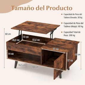 Mesa de centro com tampo elevatório e arrumação com compartimento oculto e Estante para a sala de estar Castanho