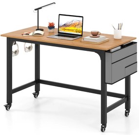 Secretária 120 x 60 x 75 cm com Rodas com Bolsa e Ganchos para Auscultadores Compacta Estrutura Metálica Natural