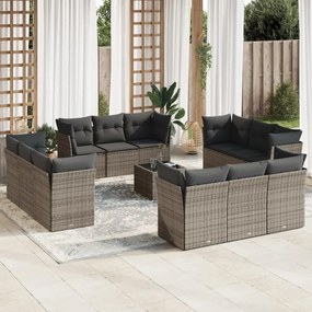 13 pcs conjunto sofás p/ jardim c/ almofadões vime PE cinzento