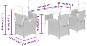 7 pcs conjunto de jantar p/ jardim c/ almofadões vime PE preto