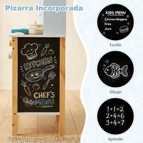 Cozinha de brincar para crianças 61 x 26 x 85 cm em madeira com quadro negro Micro-ondas Fogão Escorredor Torneira e pia para maiores de 3 anos Azul