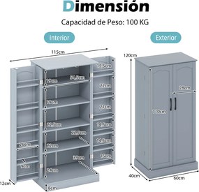 Armário de despensa cozinha com 2 portas e 16 prateleiras Dispositivos antivolto Armário moderno para sala de jantar 60 x 40 x 120 cm Cinza
