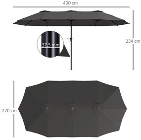 Chapéu de Sol Duplo 4x2,2 m Chapéu de Sol para Jardim com Manivela Manual Impermeável e Proteção UV30+ Cinza Escuro