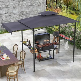 Tenda para Churrasco (Não Incluido) com grelha de 318 x 153 cm Toldo lateral Parte superior de 2 níveis 2 prateleiras laterais Estrutura em metal Cinz