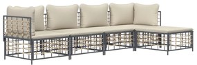 5 pcs conjunto lounge de jardim c/ almofadões vime PE antracite