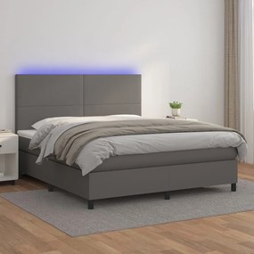vidaXL Cama box spring c/ colchão/LED 160x200cm couro artificial cinza