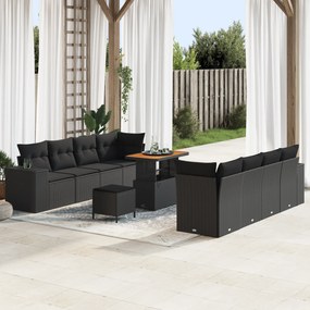 Conjunto de Sofá de Jardim de 11 Peças com Almofadas Preto Rattan Poli