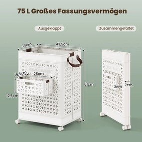Cesto de roupa de 75L com rodas, coletor de roupa que economiza espaço, recipiente de armazenamento branco