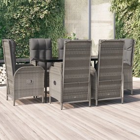 vidaXL 7 pcs conjunto jantar jardim c/ almofadões vime PE preto/cinza