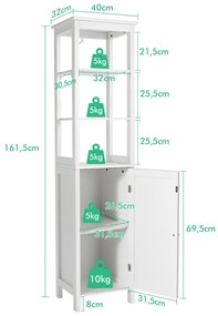 Armario de casa de banho estreito com 3 níveis de Estante  40 x 32 x 161,5cm Branco