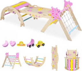 Triângulo para crianças Unicórnio Ginásio de Interior com Arco, Rampa e Escada Dobrável em Madeira Montessori para Quarto de Crianças e Creche - Rosa