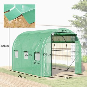 Estufa Tipo Túnel 296x196x200 cm Estufa de Jardim com 3 Portas e 6 Janelas Enroláveis Teto Curvo para Cultivo Verde