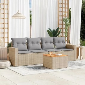 5 pcs conj. sofás jardim c/ almofadões vime PE bege misturado