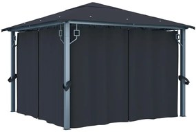 Gazebo c/ cortinas e cordões luzes LED 3x3 m alumínio antracite