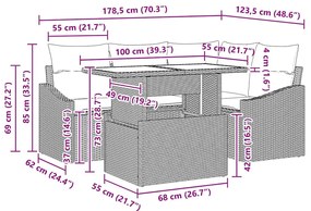 Conjunto de Sofás de Jardim de 5 Peças com Almofadas Cinza em Rattan S