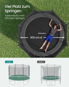 Trampolim de 305 cm com rede de segurança de 180 cm e varas e escada preto