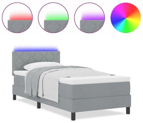 Cama Box Spring com Colchão &amp; LED Cinza Claro 90x200 cm Tecido