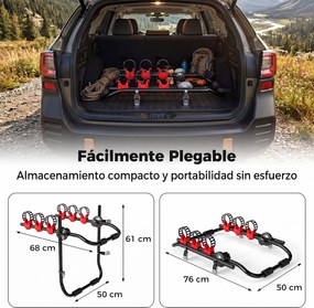 Porta-Bicicletas para Porta-Bagagens Dobrável, 68 x 50 x 61 cm, Capacidade para 3 Bicicletas, Vermelho+Preto
