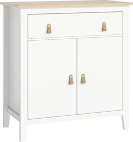 Aparador Sala de Estar Moderno com Gaveta Prateleira Ajustável e Puxadores em PU 80x40x90 cm Branco e Madeira