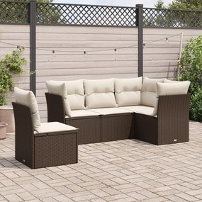 5 pcs conjunto sofás p/ jardim c/ almofadões vime PE castanho