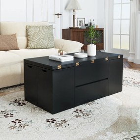 Mesa de centro elevável conversível em mesa de jantar para 4 pessoas com 4 bancos 3 em 1 extensível com e gaveta Preta