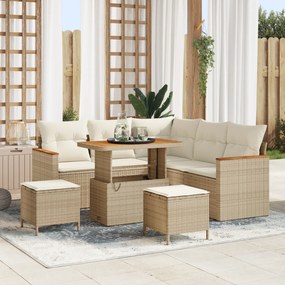 Conjunto de Sofá de Jardim de 8 Peças com Almofadas Bege Vime Sintético Acácia