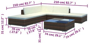 6 pcs conjunto lounge jardim c/ almofadões vime PE castanho