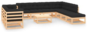 11 pcs conj. lounge jardim c/ almofadões antracite pinho maciço