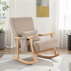 Cadeira Baloiço Moderna em Veludo Cotelê com Apoio para os Braços Almofada Lombar e Bolso Poltrona de Amamentação 65x90x98 cm Castanho Claro