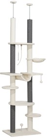 PawHut Arranhador para Gatos do Chão ao Teto 225-255 cm com 7 Níveis Rede Plataformas Postes de Arranhar Creme e Cinza