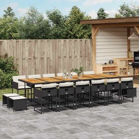 17 pcs conjunto de jantar p/ jardim c/ almofadões vime PE preto