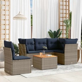 6 pcs conjunto sofás p/ jardim c/ almofadões vime PE cinzento